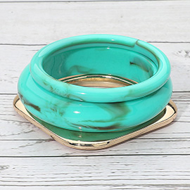 3PCS - Bold Modern Mixed Shape Resin Flat Square Metal Bangle Multi Layered Bracelets