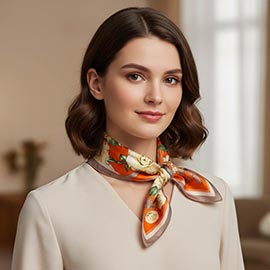 Floral Ribbon Printed Square Silky Satin Bandana Scarf