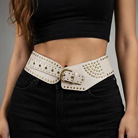 Wide Western Faux Leather Studded Waist Belt