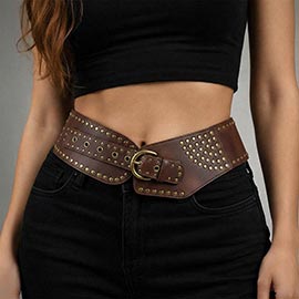 Wide Western Faux Leather Studded Waist Belt