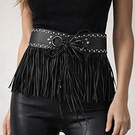 Wide Faux Leather Studded Tassel Fringe Waist Belt