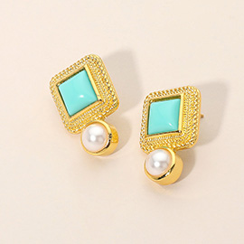 Pearl Drop Square Stone Cluster Earrings