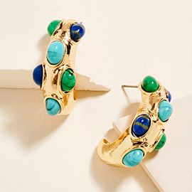 Oval Stone Embellished Chunky Hoop Earrings