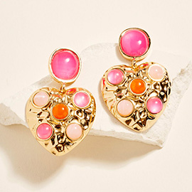 Round Stone Embellished Textured Metal Heart Dangle Earrings