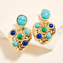 Round Stone Embellished Textured Metal Heart Dangle Earrings