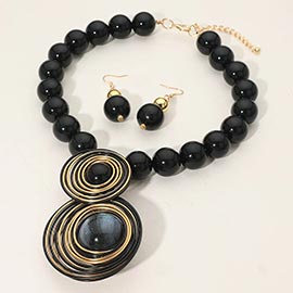 Bold Double Wire Wrapped Round Stone Accent Chunky Beaded Statement Necklace