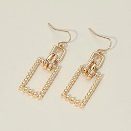 Stone Pave Linked Metal Beaded Rectangle Drop Earrings