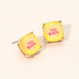 YOU ROCK Message Heart Square Cushion Stud Earrings