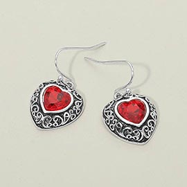 Antique Metal Scrollwork Frame Heart Tile Drop Dangle Earrings