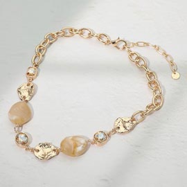 Marbled Resin Pebble Hammered Metal Plate Stone Cluster Link Necklace