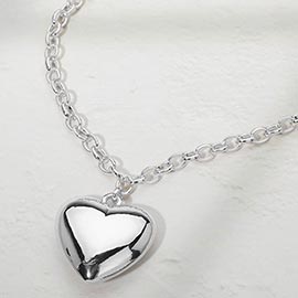 Puffy Metal Heart Pendant Long Necklace