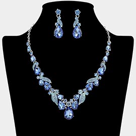 Teardrop Stone Cluster Accent Rhinestone Paved Leaf Embellished Necklace