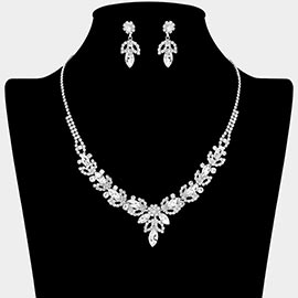 Marquise Stone Cluster Leaf Drop Rhinestone Paved Necklace