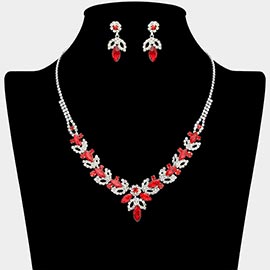 Marquise Stone Cluster Leaf Drop Rhinestone Paved Necklace