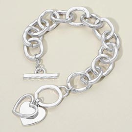 Hammered Layered Heart Charm Chunky Chain Toggle Bracelet