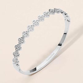 Stainless Steel CZ Pave Quatrefoil Station Hinged Bangle Bracelet