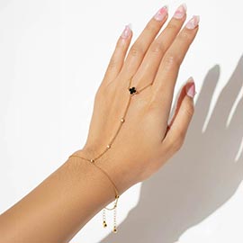 Gold Dipped Delicate Beaded Quatrefoil Accent Hand Chain Magnetic Bracelet