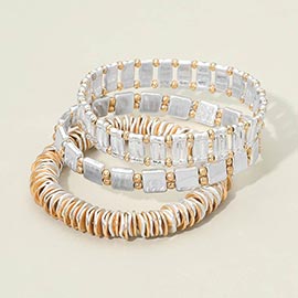 3PCS - Two Tone Metal Various Beaded Stretch Multi Layered Bracelets