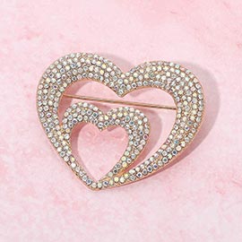 Rhinestone Pave Double Layered Open Heart Pin Brooch