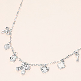 Silver Dipped Bow Quatrefoil Lock Heart Charm Station Necklace