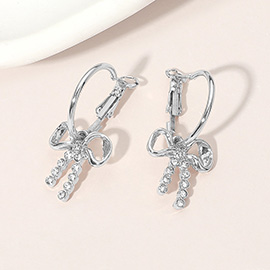 Silver Dipped Stone Accent Bow Charm Mini Hoop Earrings