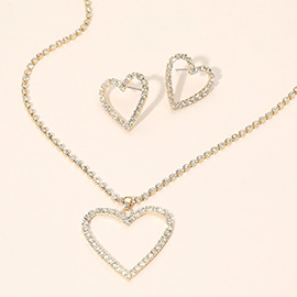 Gold Dipped Rhinestone Pave Open Heart Pendant Necklace