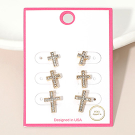 3Pairs - Gold Dipped Stone Pave Cross Stud Earring Set
