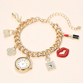 Gold Dipped Quatrefoil High Heel Lips Lipstick Charm Watch Bracelet