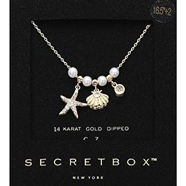 SECRET BOX_14K Gold Dipped CZ Pave Starfish Shell Bezel Charm Pearl Beaded Accent Necklace