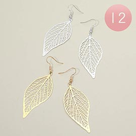 12Pairs - Metal Cutout Leaf Drop Dangle Earrings