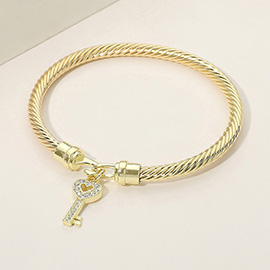 14K Gold Plated CZ Pave Key Charm Cable Bangle Bracelet