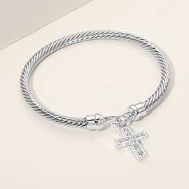 Rhodium Plated CZ Pave Cross Charm Cable Bangle Bracelet