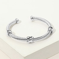 Rhodium Plated Crisscross Accent Twisted Cable Cuff Bracelet