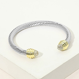 Two Tone CZ Stone Pave Tip Twisted Cable Cuff Bracelet