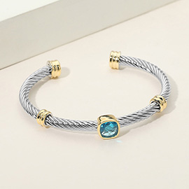Square Stone Bezel Accent Two Tone Twisted Cable Cuff Bracelet