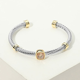 Square Stone Bezel Accent Two Tone Twisted Cable Cuff Bracelet