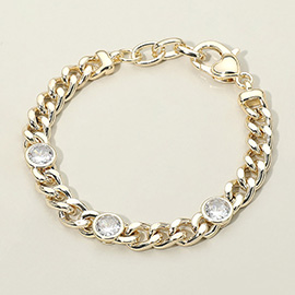 14K Gold Plated Round CZ Bezel Station Chunky Curb Chain Bracelet