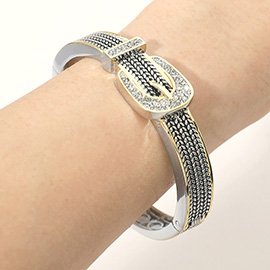 CZ Stone Pave Buckle Accent Two Tone Textured Hinged Bangle Bracelet