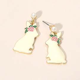 Gold Dipped Enamel Floral Bunny Drop Dangle Earrings