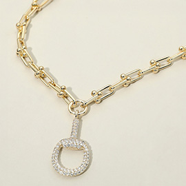 14K Gold Plated Chunky Industrial Chain CZ Pave Half Horsebit Pendant Necklace