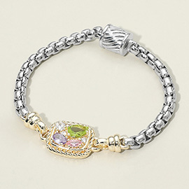 14K Gold Plated Two Tone CZ Stone Cluster Embellished Rectangular Charm Accent Magnetic Bracelet