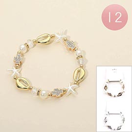 12PCS - Shell Cross Pearl Starfish Beaded Stretch Bracelets