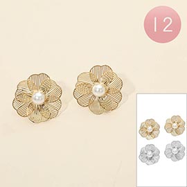 12Pairs - Pearl Accent Metal Cutout Flower Earrings