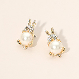 Gold Dipped Pearl Accent Rhinestone Pave Bunny Stud Earrings