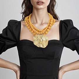 Bold Hammered Abstract Metal Plate Accent Multi Resin Ball Beaded Statement Necklace