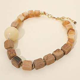 Chunky Resin Ball Accent Wooden Cube Beaded Statement Necklace