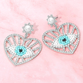 Seed Beaded Evil Eye Accent Rhinestone Pave Heart Drop Earrings
