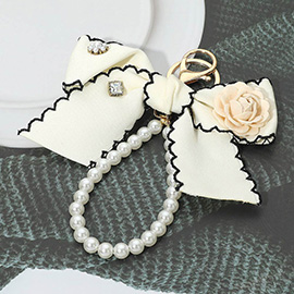 Flower Rhinestone Accent Pearl Loop Bow Keychain Bag Charm