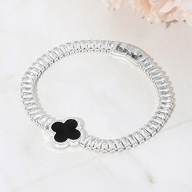 Quatrefoil Charm Accent CZ Baguette Cluster Link Bracelet
