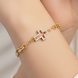Gold Dipped CZ Pave Open Cross Charm Accent Link Bracelet